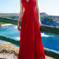 Red v neck chiffon lace long dress  1214