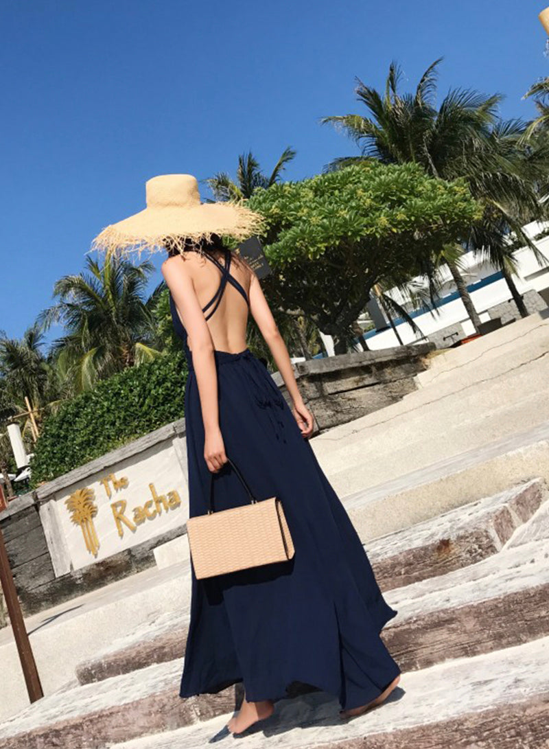 Simple V neck chiffon long dress blue dress  1218