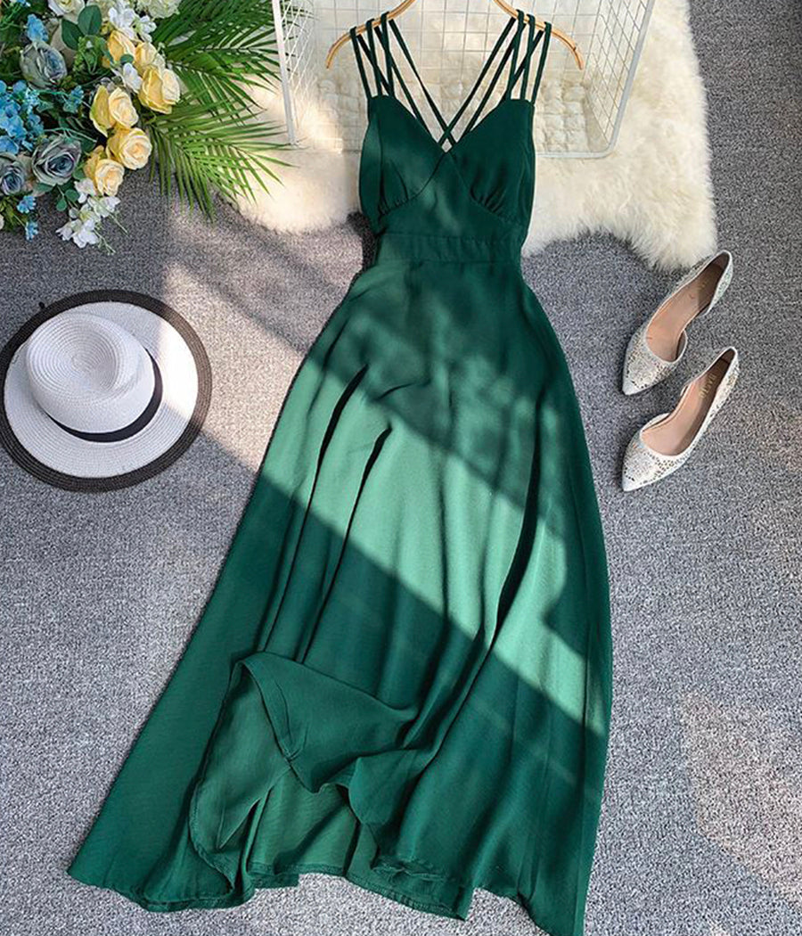 Women's dress A line v neck chiffon backless dress  1227