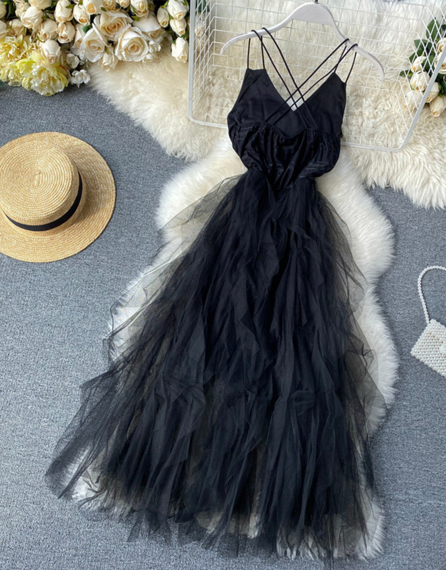 Robe en tulle noire à col en V, robe tendance 1121