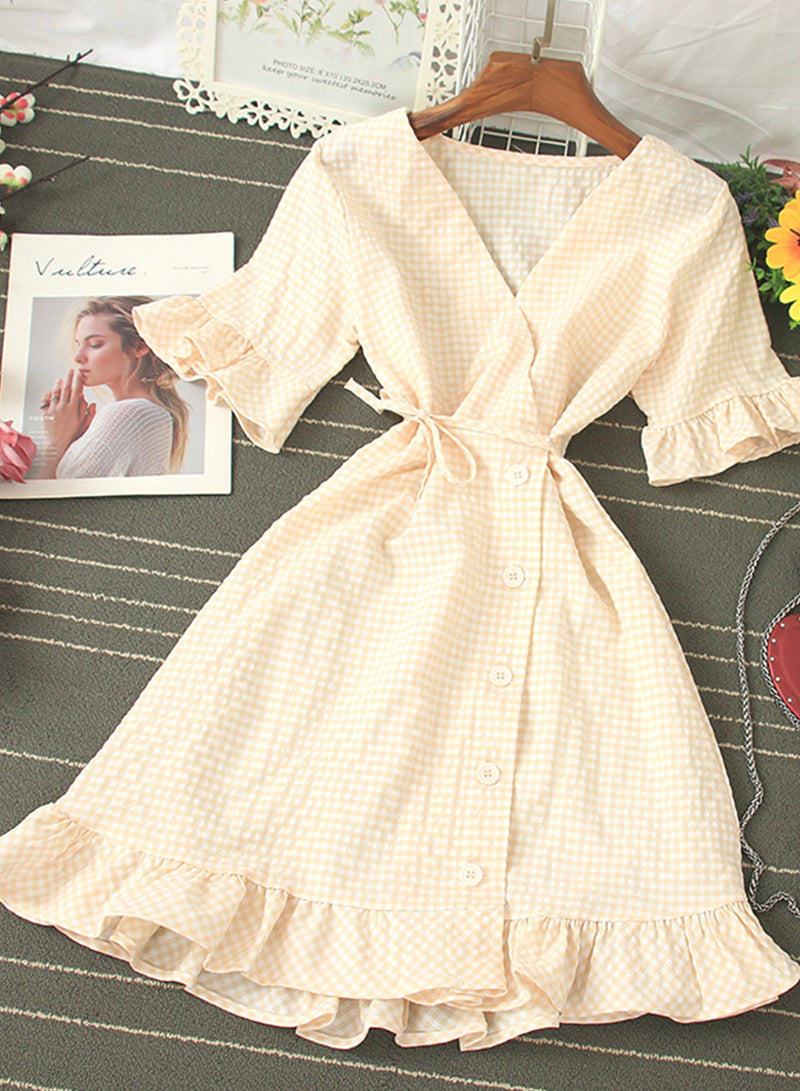 Retro v neck plaid dress women's dress  1202