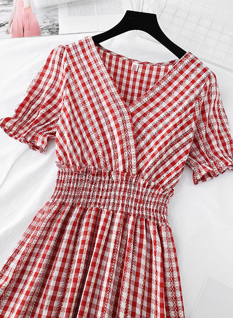 A line v neck plaid dress women's dress  1138