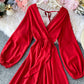 Red A line v neck long sleeve dress women's dress  1066