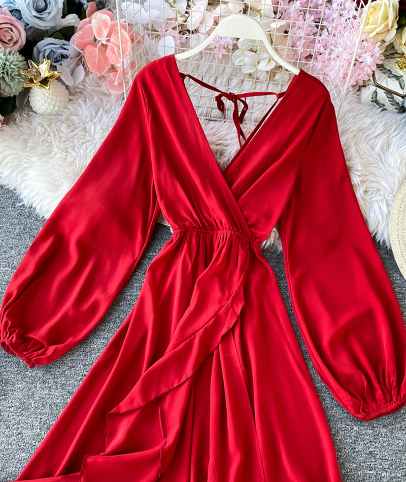 Red A line v neck long sleeve dress women's dress  1066