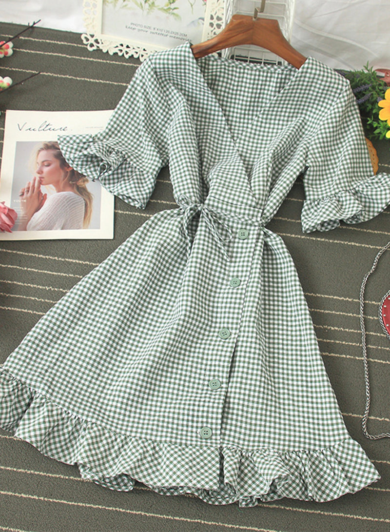 Retro v neck plaid dress women's dress  1202