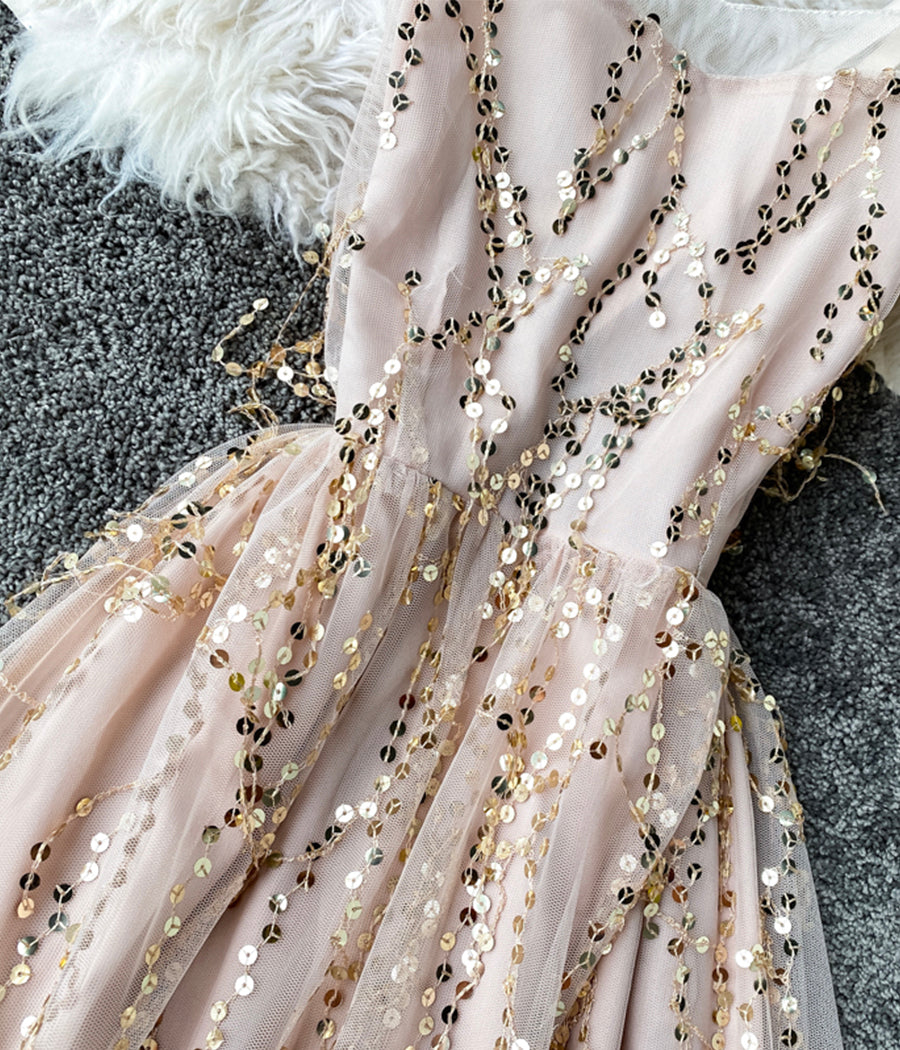 Fashion girl dress A line v neck tulle sequins dress  1234
