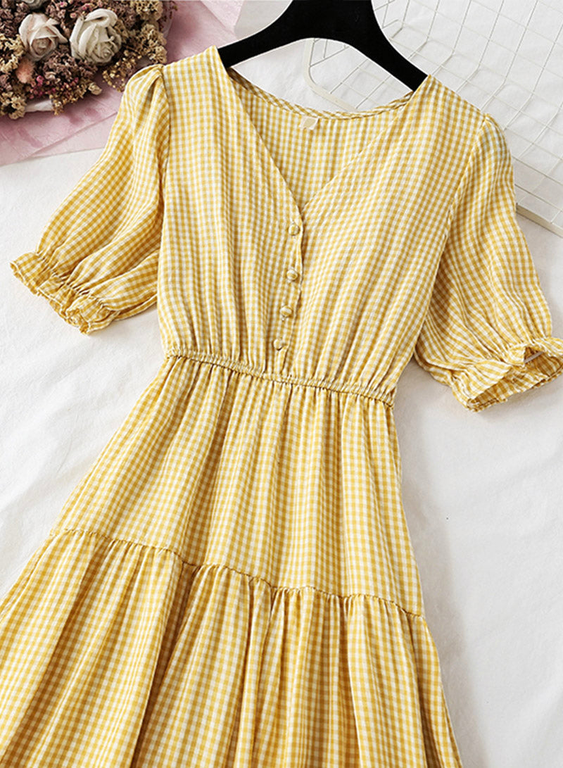 Women's dress A line v neck plaid dress  1135