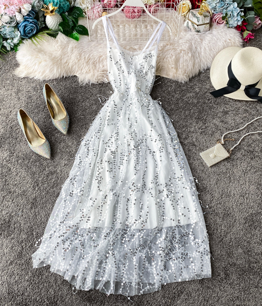Fashion girl dress A line v neck tulle sequins dress  1234