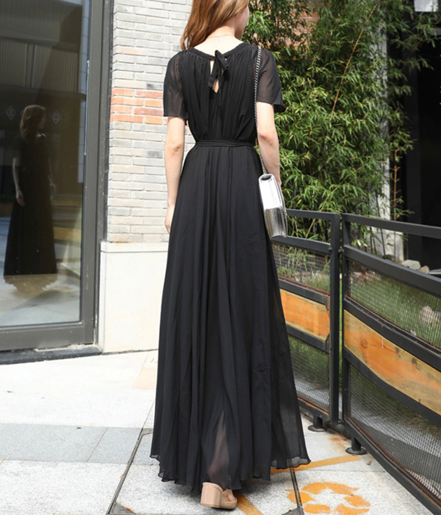 Black chiffon long dress women's dress  1191