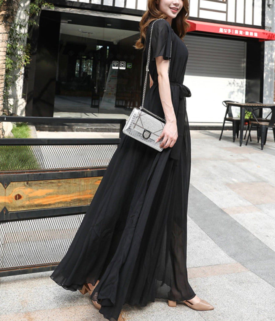Black chiffon long dress women's dress  1191
