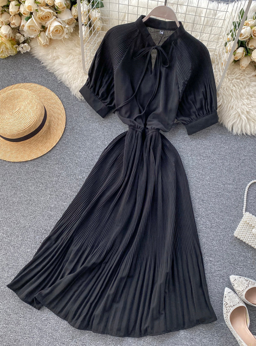 Simple A line pleated dress fashion girl short sleeve dress  1181