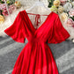 Red v neck short sleeves chiffon dress fashion dress  1065