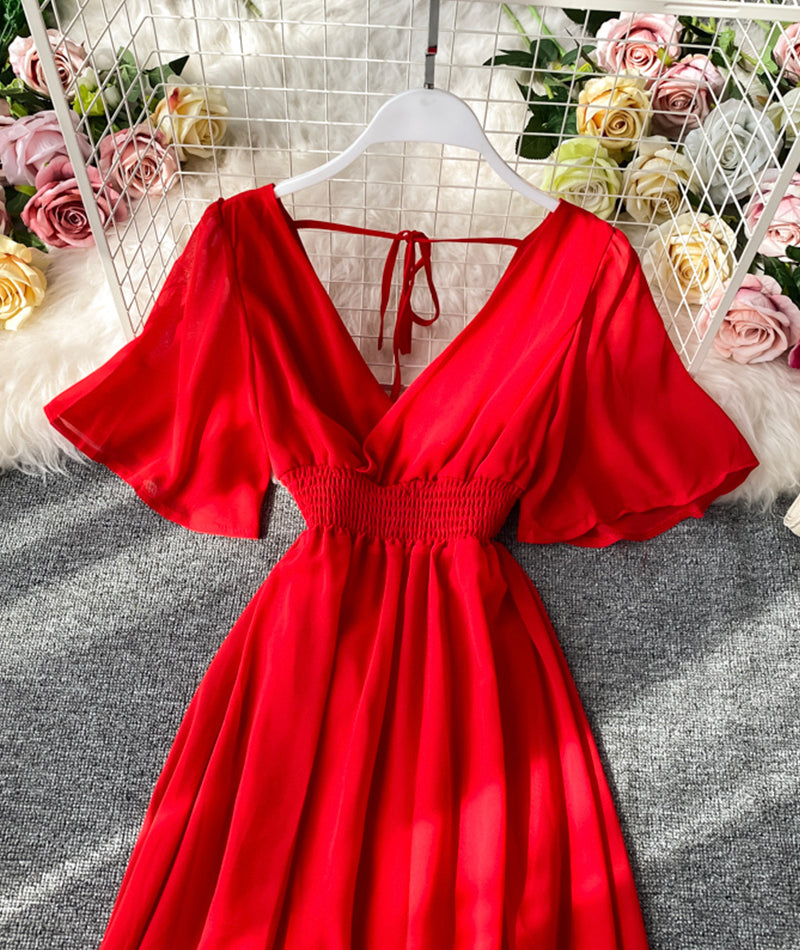 Red v neck short sleeves chiffon dress fashion dress  1065