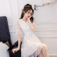 White v neck tulle sequins short dress  1078