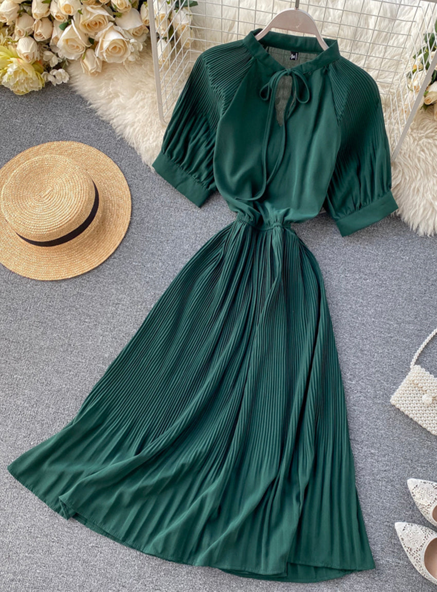 Simple A line pleated dress fashion girl short sleeve dress  1181