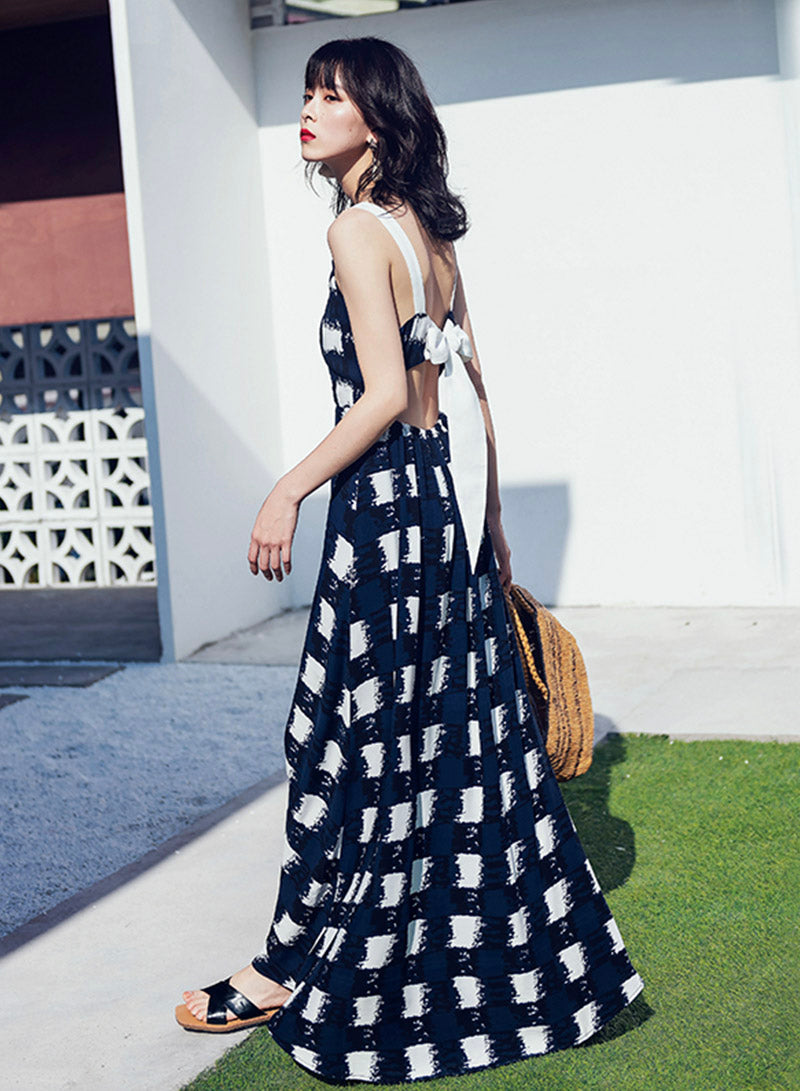 Blue V neck bow long dress women's dress  1129