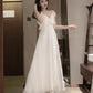 White A line v neck tulle dress fashion dress  1084