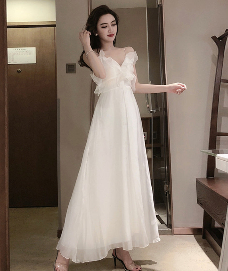 White A line v neck tulle dress fashion dress  1084