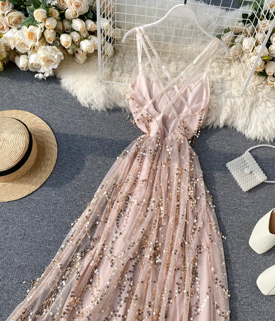 Fashion girl dress A line v neck tulle sequins dress  1234