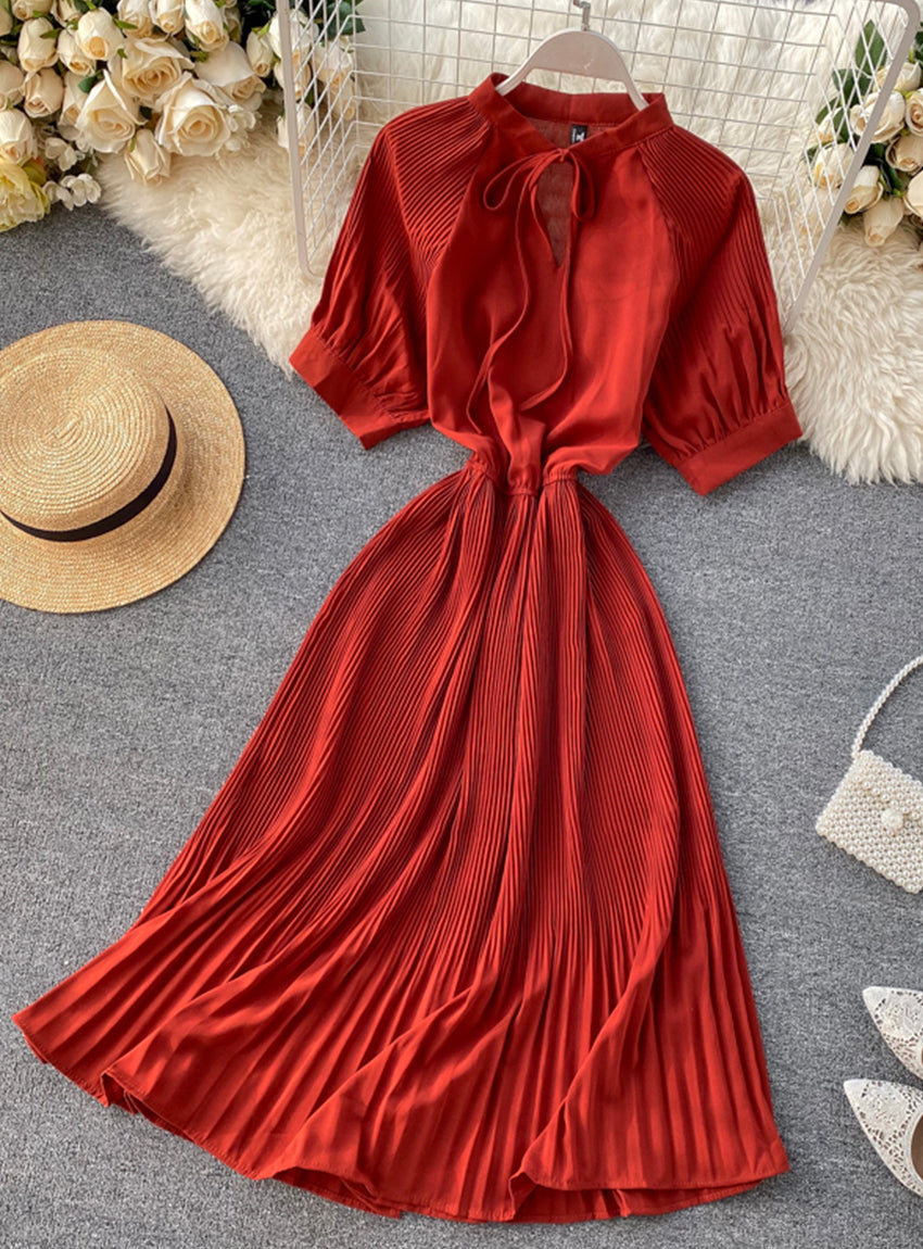 Simple A line pleated dress fashion girl short sleeve dress  1181