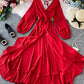 Red A line v neck long sleeve dress women's dress  1066