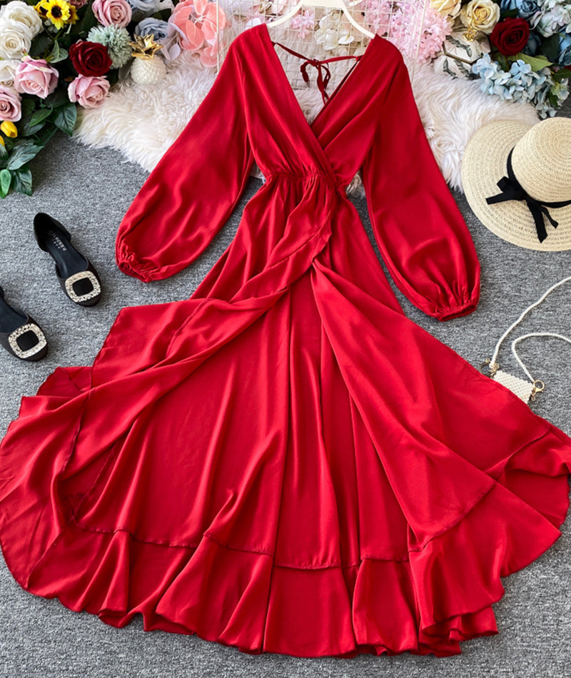 Red A line v neck long sleeve dress women's dress  1066
