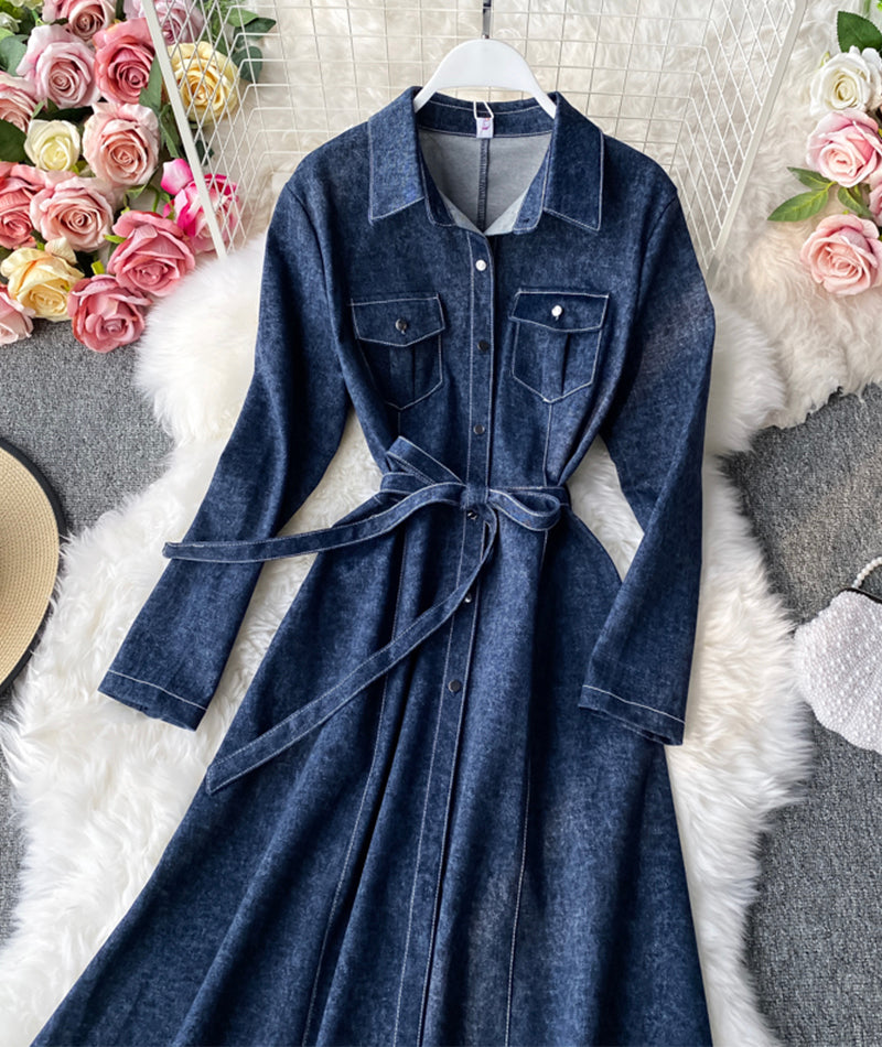 Stylish long-sleeved denim dress women's dress  1057
