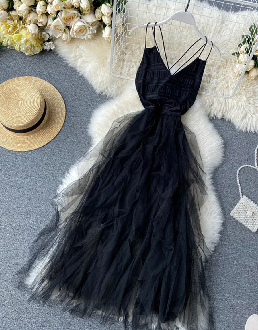 Robe en tulle noire à col en V, robe tendance 1121