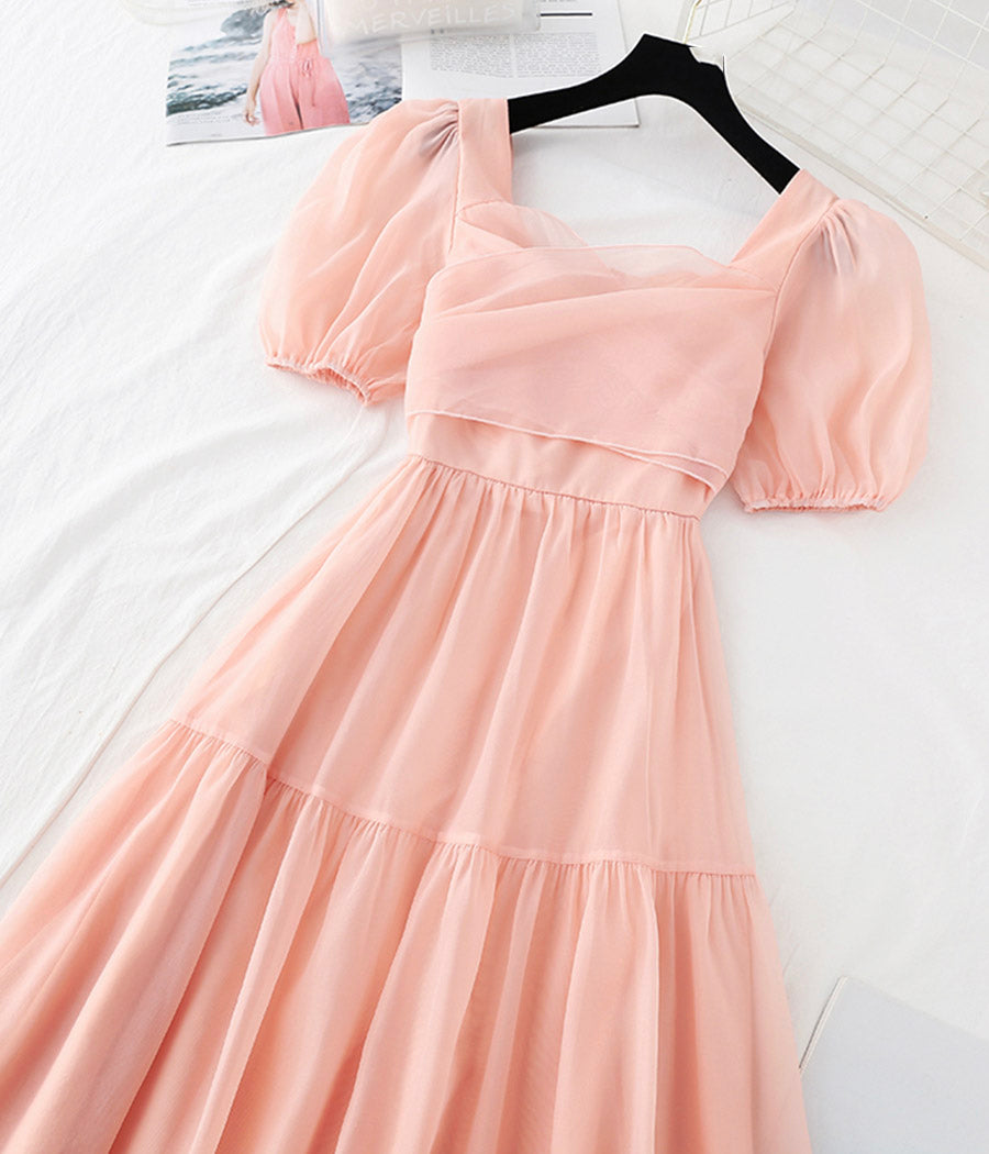 Pink chiffon A line dress short sleeve dress  1130