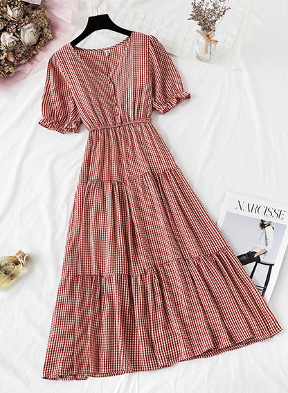 Women's dress A line v neck plaid dress  1135