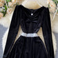 Black velvet long sleeve dress lace dress  1013
