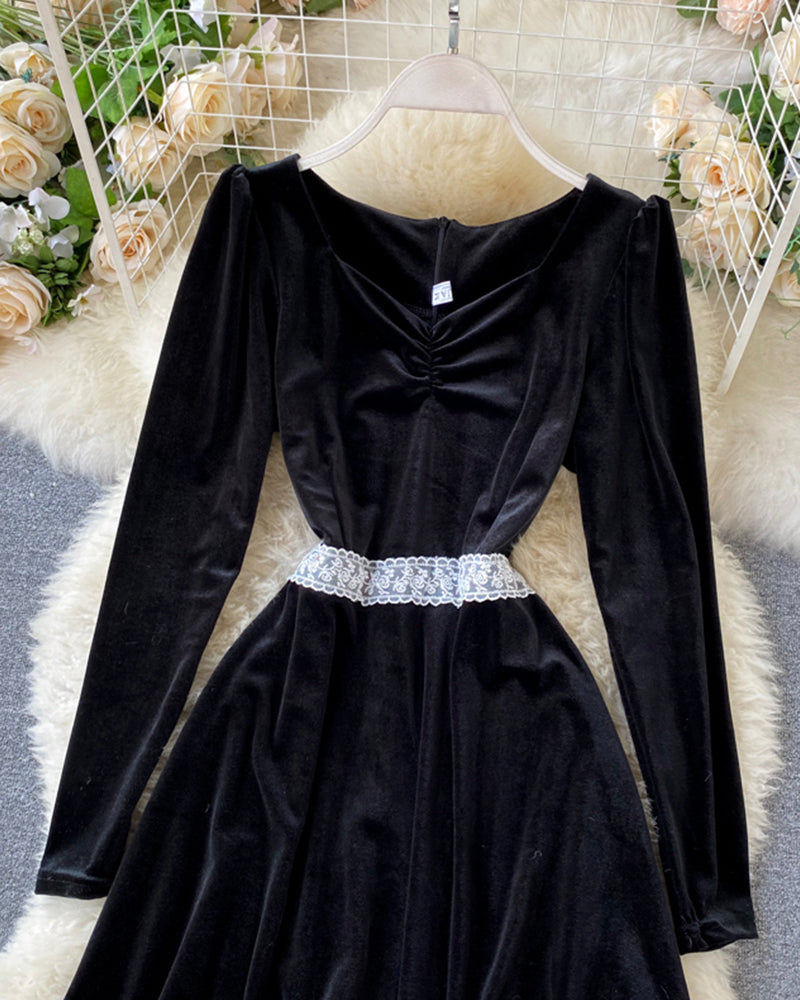 Black velvet long sleeve dress lace dress  1013