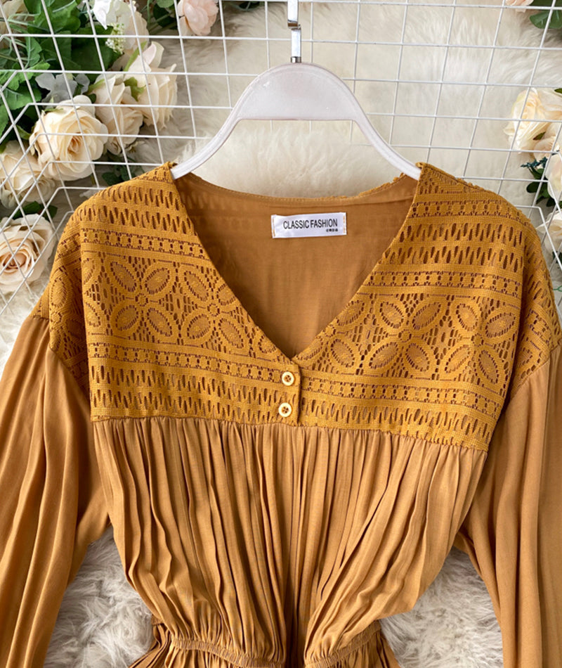 Vintage v neck pleated dress long sleeve dress  1033