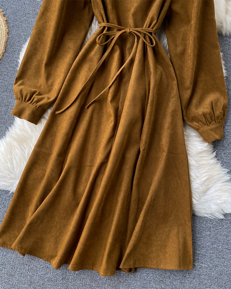 Retro round neck long sleeve dress  1020