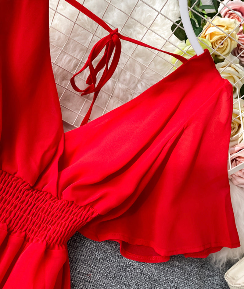 Red v neck chiffon dress fashion dress  1063