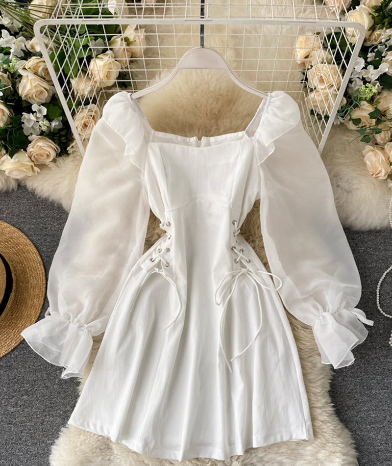 Cute A line short dress long sleeve waist dress  1034