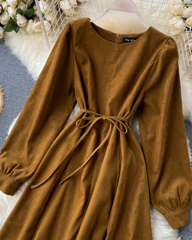 Retro round neck long sleeve dress  1020