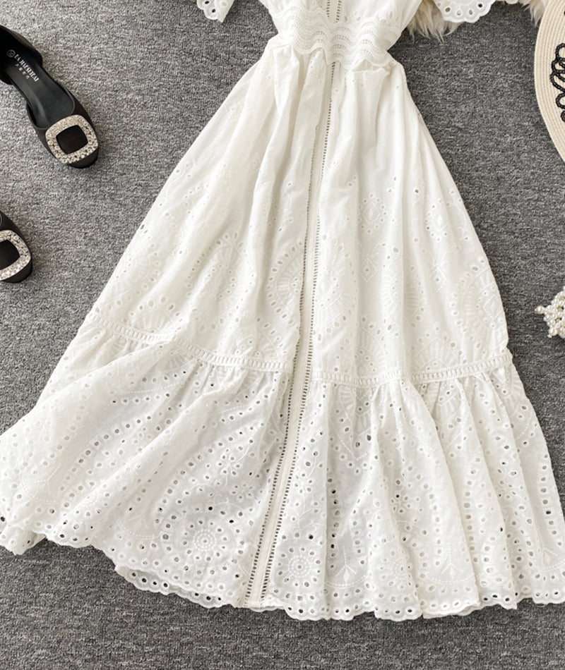 White v neck short sleeve dress fashion dress  1074