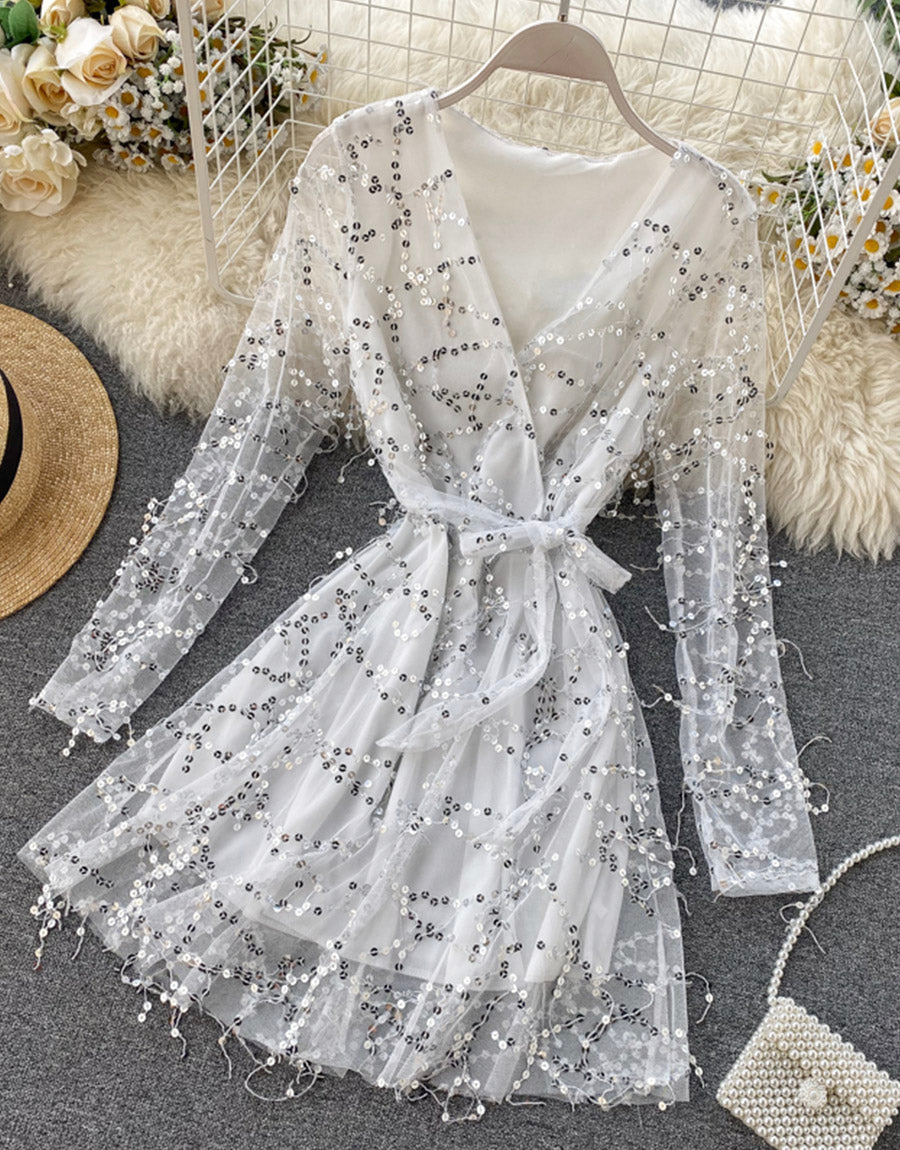 A line v neck tulle sequins dress long sleeve dress  1119