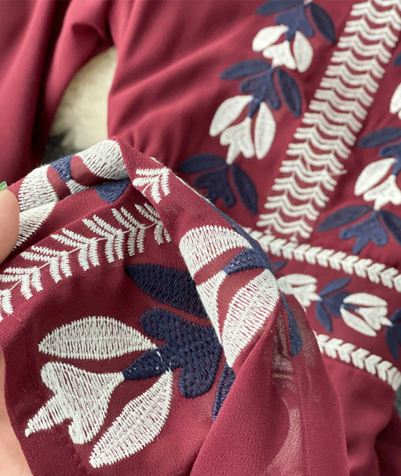 Stylish A line embroidery dress v neck chiffon dress  1016