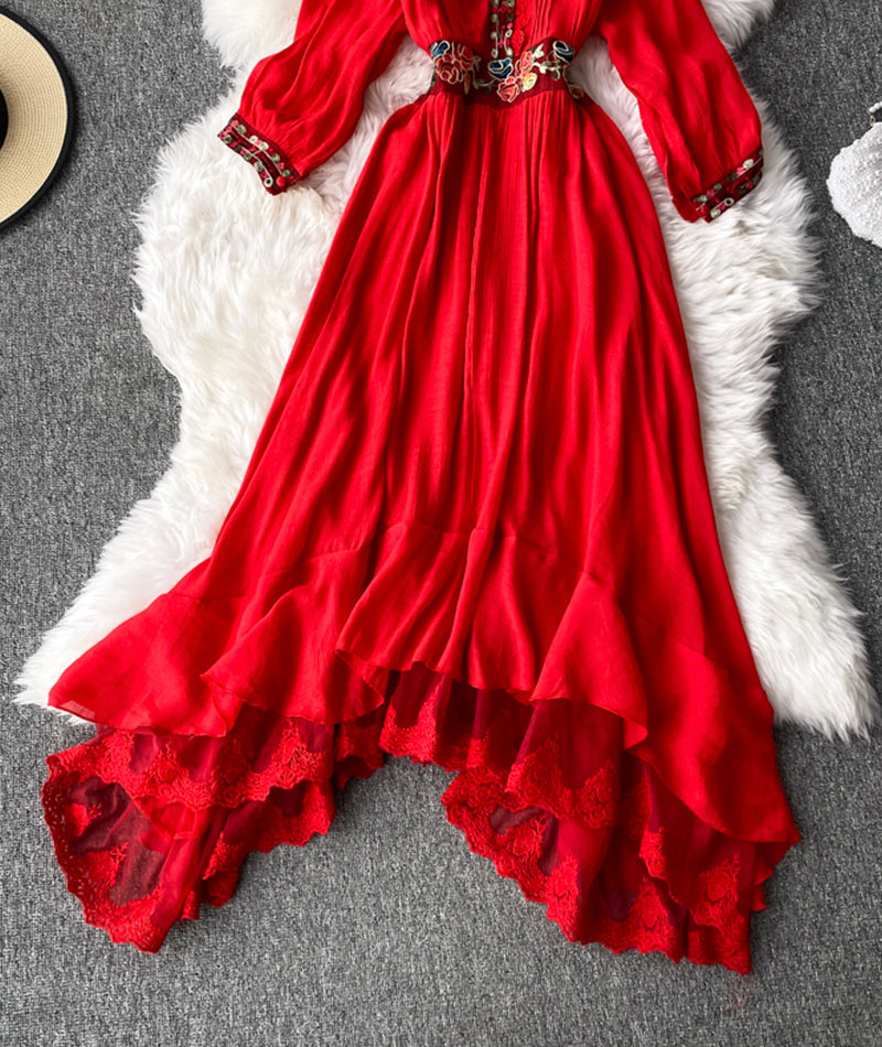 A line v neck lace long sleeve dress  995