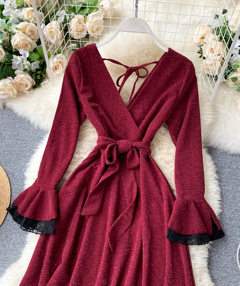 Stylish v neck long sleeve dress  1024