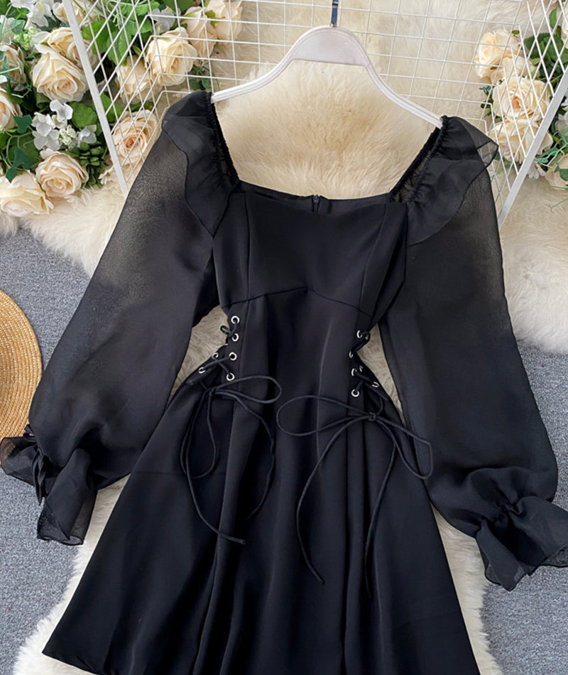 Cute A line short dress long sleeve waist dress  1034