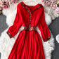 A line v neck lace long sleeve dress  995