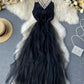 Robe en tulle noire à col en V, robe tendance 1121