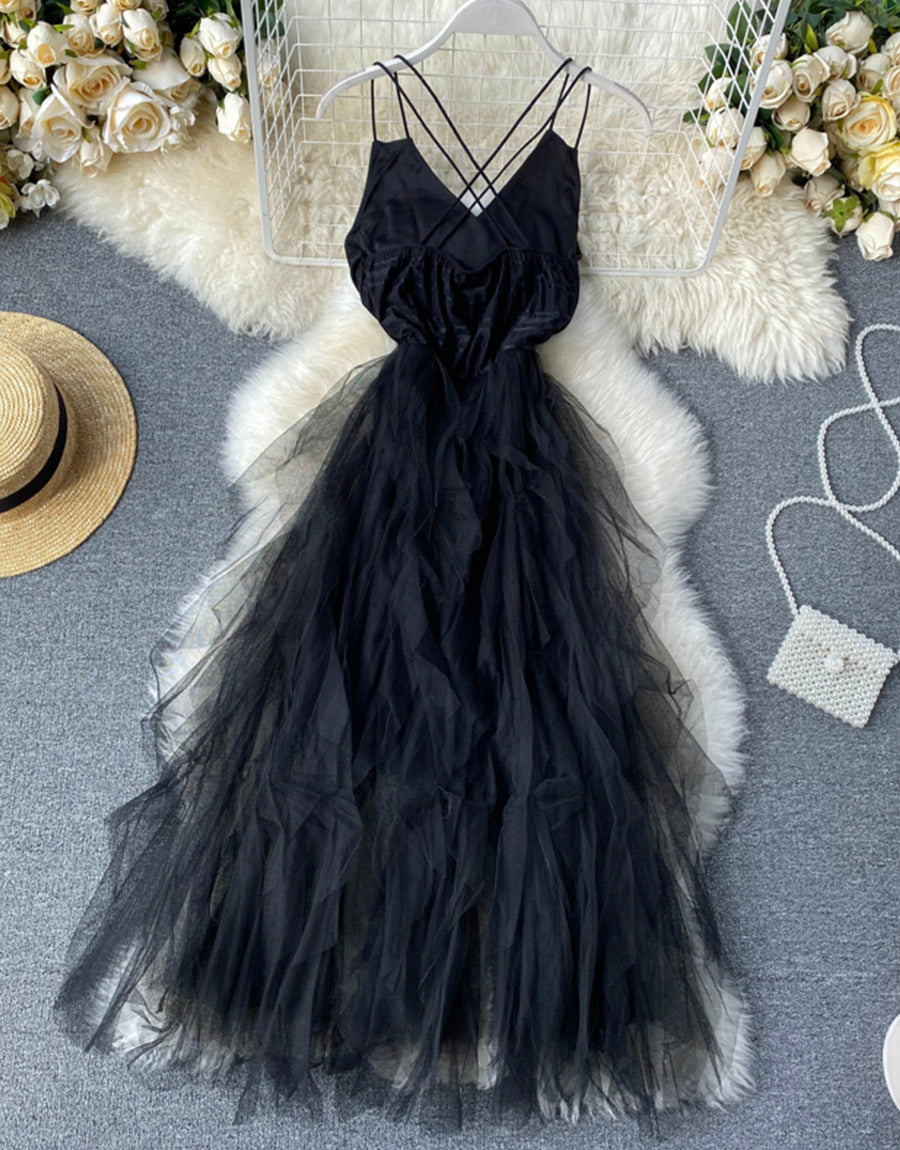 Robe en tulle noire à col en V, robe tendance 1121