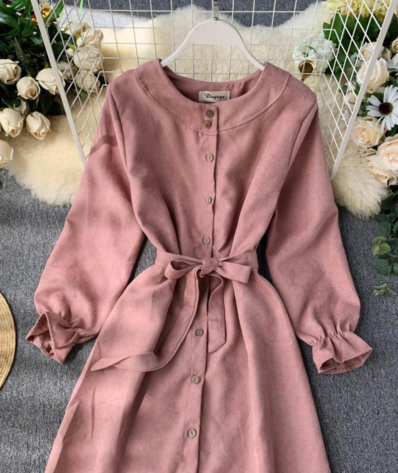 Long sleeve ruffle hem button down dress  1041