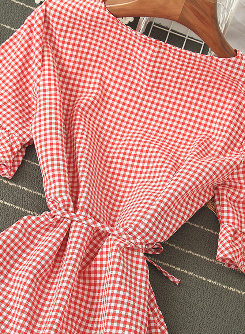 Retro v neck plaid dress women's dress  1202