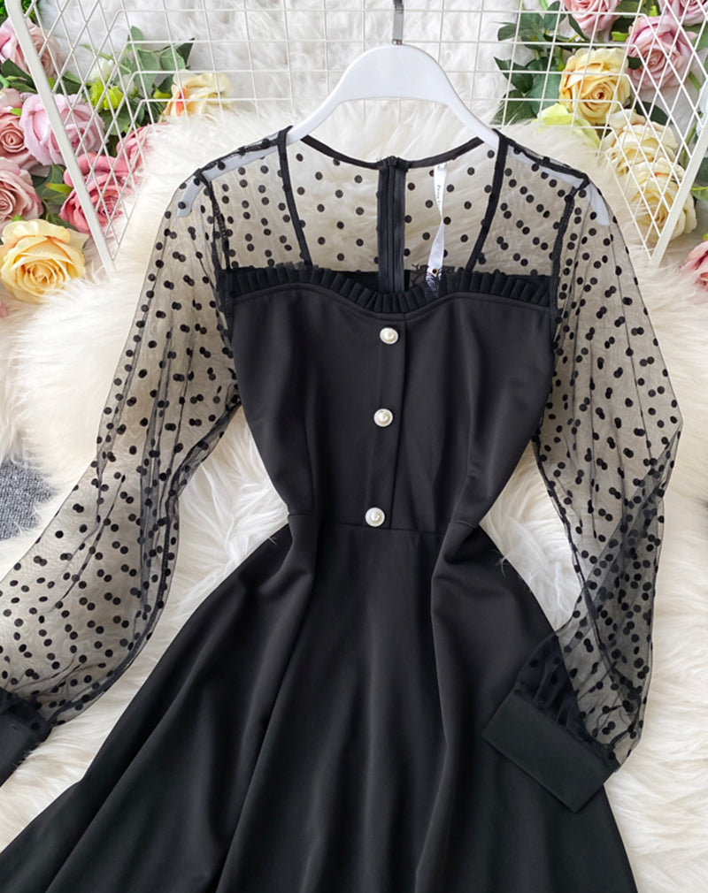 Schwarzes A-Linien-Langarmkleid Modekleid 1071