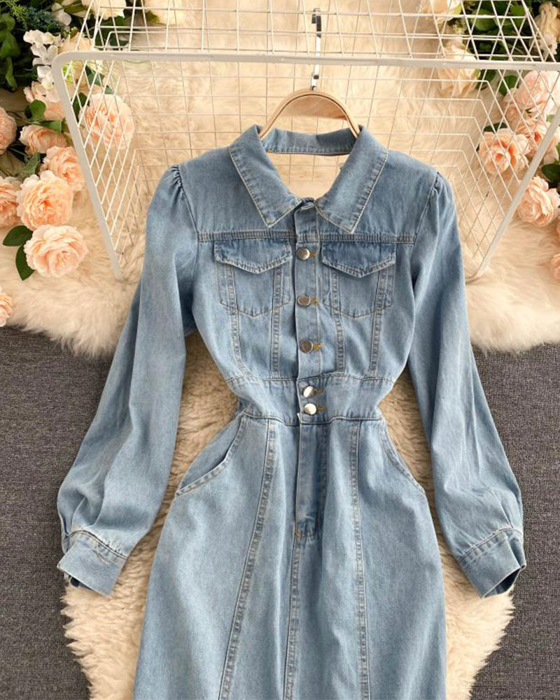 Stylish denim backless dress long sleeve dress  1019